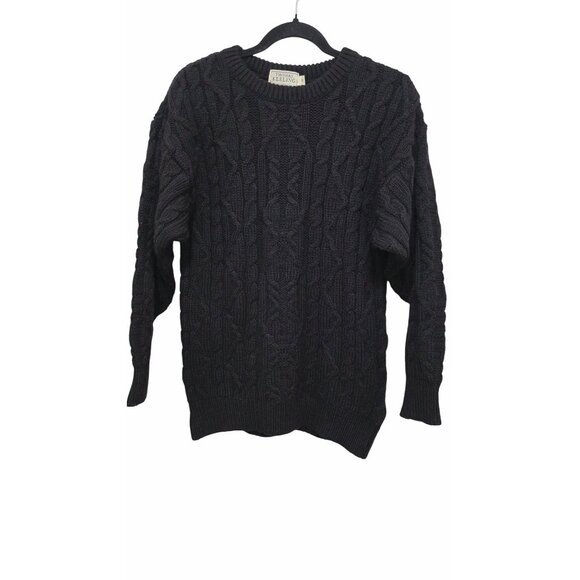 Thomas Keeling Men's Black Fisherman Chunky Cable Knit Wool Sweater S Made In Sc - Picture 1 of 9